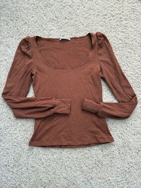Reformation Square Neck Ribbed Long Sleeve Top - Brown